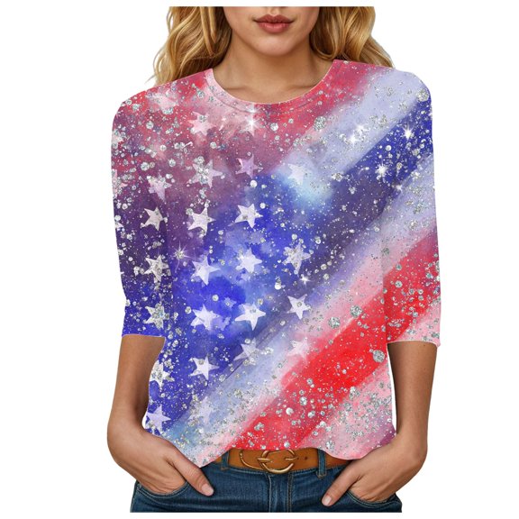 Women's Independence Day Printed Casual Three Quarter Sleeve Round Neck Tee Blouse Pink L