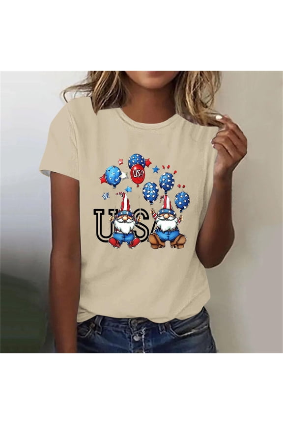 Women's Independence Day Short Sleeve Tops Under $10 Free Shipping American Flag Summer Casual Loose 3XL Pullover Printed Short Sleeved Round Neck Top