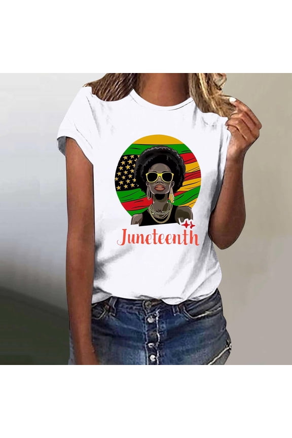 Women's Independence Day Short Sleeve Tops Under $10 Free Shipping Graphics Summer Casual Loose 3XL Black Printed Round Neck Short Sleeve T-shirt Loose Top
