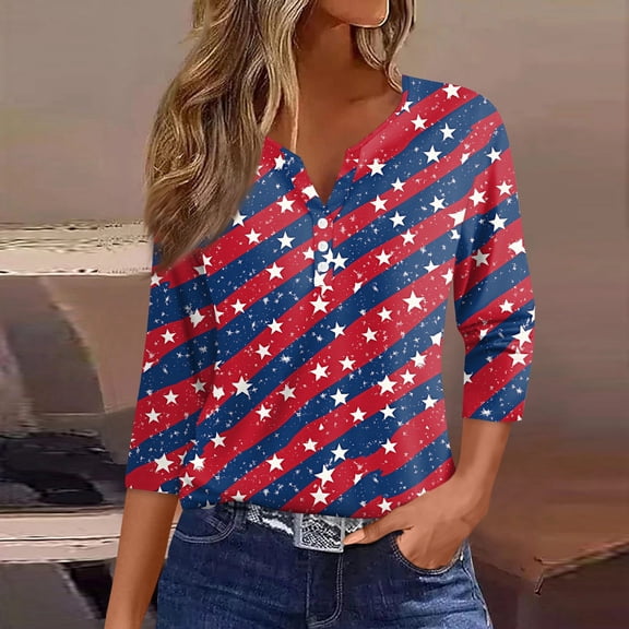 Women's Independence Day Sweaters, Button 3/4 Sleeve Flag Printed Tops for Women, Spring Oversized Light Fit Blouses