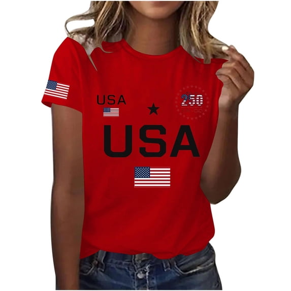 Women's Independence Day T-Shirt American Flag 4th of July Print Tops Short Sleeve Crew Neck Casual Tees Multicolor