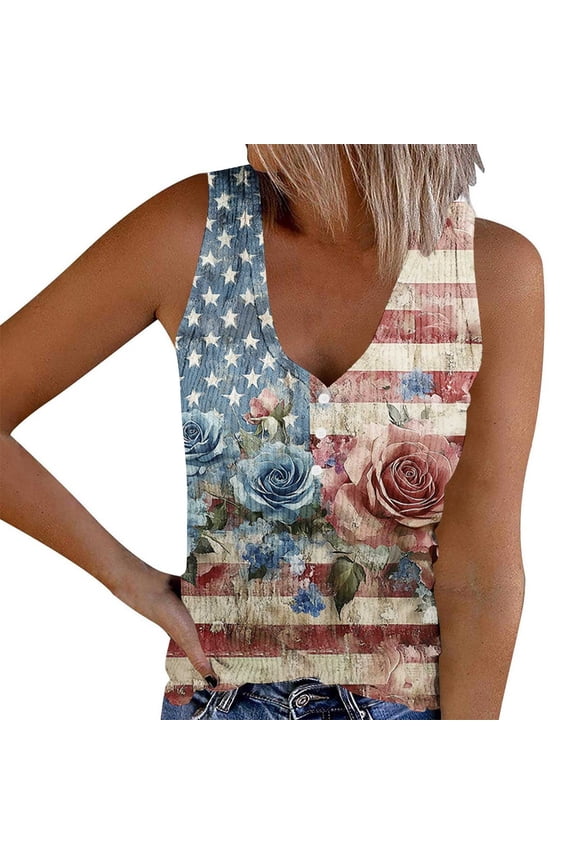 Women's Independence Day Tank Tops Vintage Flag Floral Print Sleeveless Casual V Neck Ribbed Tshirts