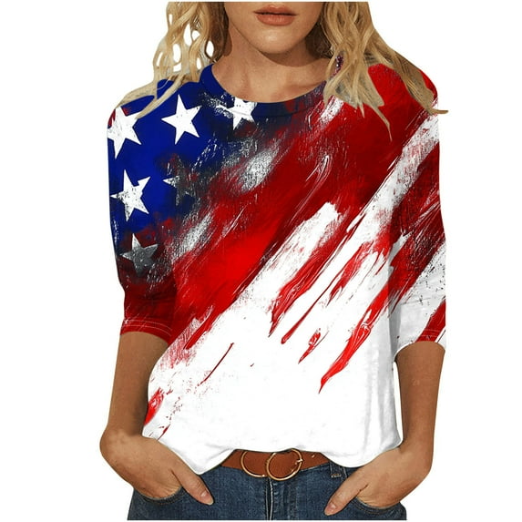 Women's Independence Day Top 3/4 Sleeve Round Neck Blouse Vintage Distressed Us Flag Graphic Tee 4th of July Outfits for Women