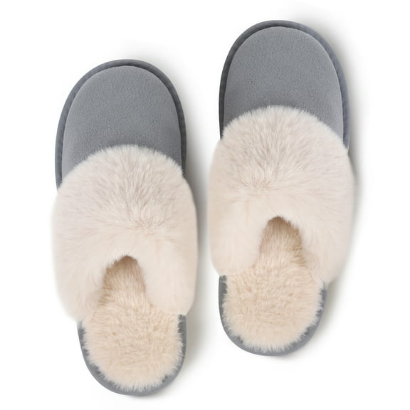 Women's Indoor Outdoor Memory Foam House Slippers,Cozy Fluffy Non-Slip Sole,Faux Fur House Shoes/Gray