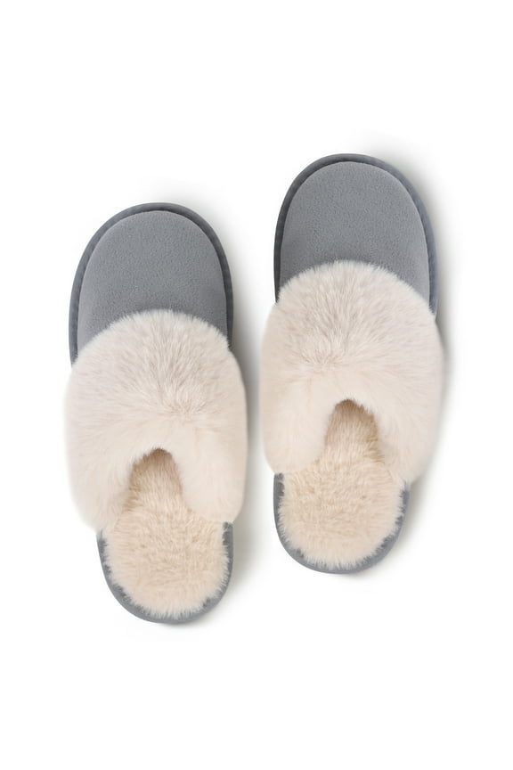 Women's Indoor Outdoor Memory Foam House Slippers,Cozy Fluffy Non-Slip Sole,Faux Fur House Shoes/Gray
