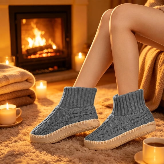 Women's Indoor Slipper Socks Thick Plush Lined Cable Knit Outer Anti Slip Rubber Particle Sole Loose Short Cuff Muted Solid Home Wear, Slipper Socks With Grips for Women Gray Free Size