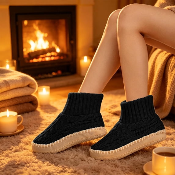 Women's Indoor Slipper Socks Thick Plush Lined Cable Knit Outer Anti Slip Rubber Particle Sole Loose Short Cuff Muted Solid Home Wear, Slipper Socks With Grips for Women Black Free Size