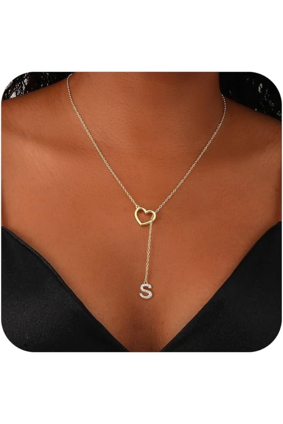 Women's Initial Heart Necklace 14k Gold-Plated Square Crystal Zirconia Alphabet Pendant Necklace Women's Delicate Necklace New Trend Y Shape Necklace