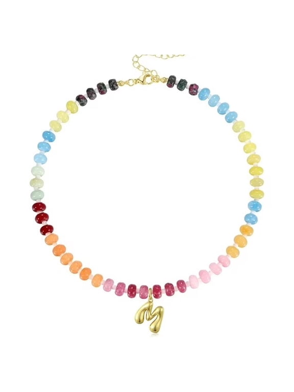 Women's Initials Necklace, Colorful Beaded Gemstone Bubble Letter Pendant Necklace Natural Stone Summer Beach Handmade Gifts