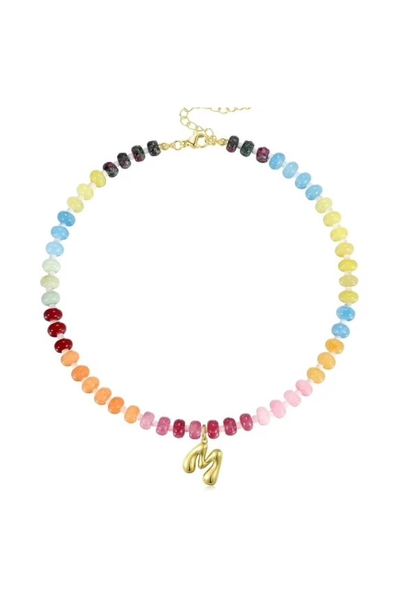 Women's Initials Necklace, Colorful Beaded Gemstone Bubble Letter Pendant Necklace Natural Stone Summer Beach Handmade Gifts