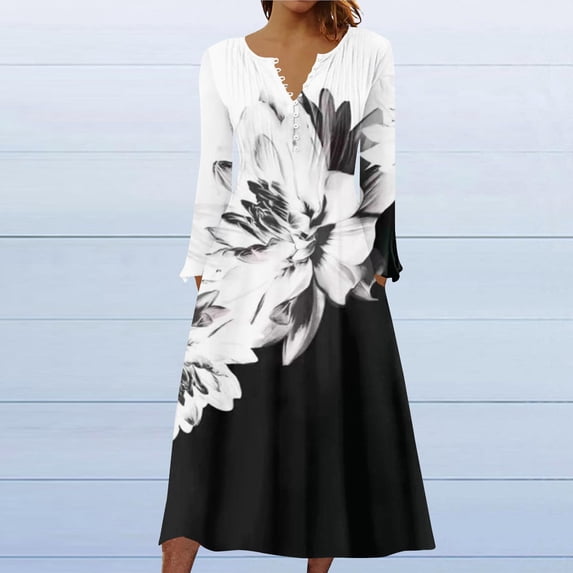 DailyTrove Women's Ink Print Fit & Flare Dress, Short Sleeve, Casual Garden & Evening Wear, Lightweight Rayon Blend, Contrast Hem