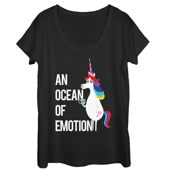 Women's Inside Out Rainbow Unicorn Ocean of Emotion Scoop Neck Black 2X Large
