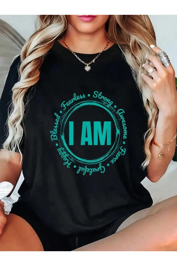 Women's Inspirational Affirmation Graphic T-Shirt - I Am Blessed Fearless Strong Short Sleeve Cotton Blend Tee - Black