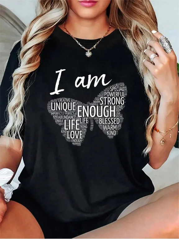 Women's Inspirational Butterfly Graphic T-Shirt - I Am Enough Positive Quote Short Sleeve Tee - Black Casual Summer Top