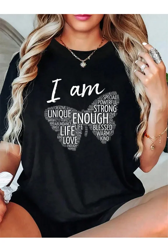 Women's Inspirational Butterfly Graphic T-Shirt - I Am Enough Positive Quote Short Sleeve Tee - Black Casual Summer Top