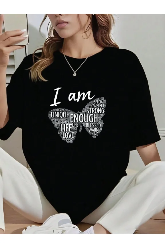 Women's Inspirational Butterfly Graphic T-Shirt Retro Positive Affirmation Short Sleeve Casual Black Tee Top