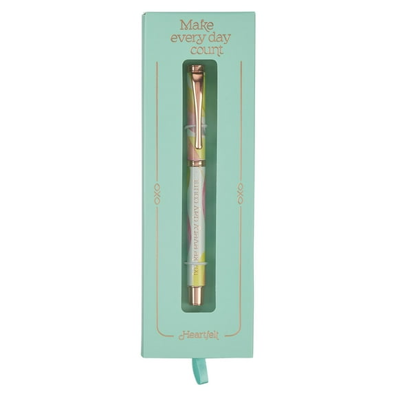 Heartfelt Women's Gel Writing Pen, Rose Gold Metal w/Botanical Citrus Leaves Pastel Watercolor Flower Art Design Make Every Day Count Inspirational Quote, Smooth Black Ink .5mm Fine Point