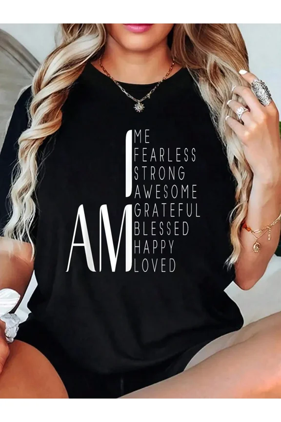Women's Inspirational Graphic T-Shirt I Am Fearless Strong Blessed Short Sleeve Crewneck Tee Black