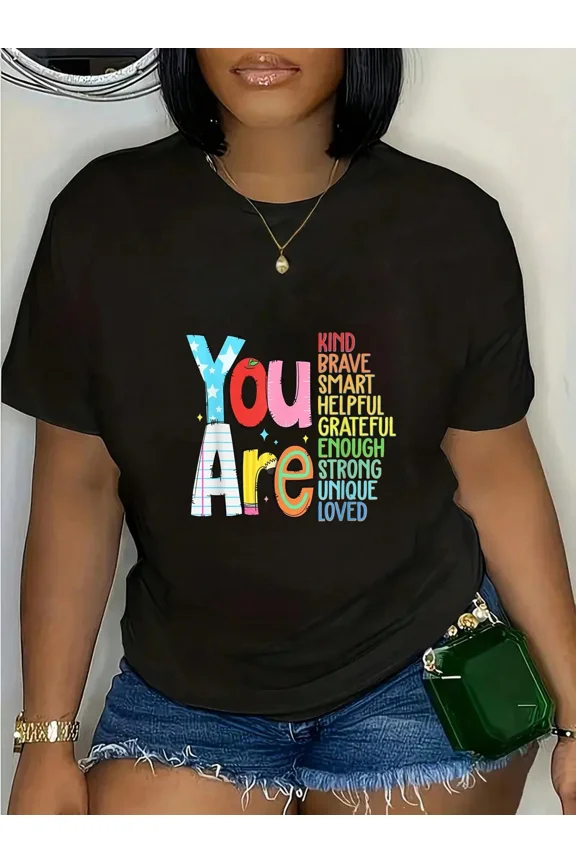 Women's Inspirational Graphic T-Shirt - Positive Affirmations Short Sleeve Crew Neck Casual Tee - You Are Kind Brave Smart Strong Unique Loved