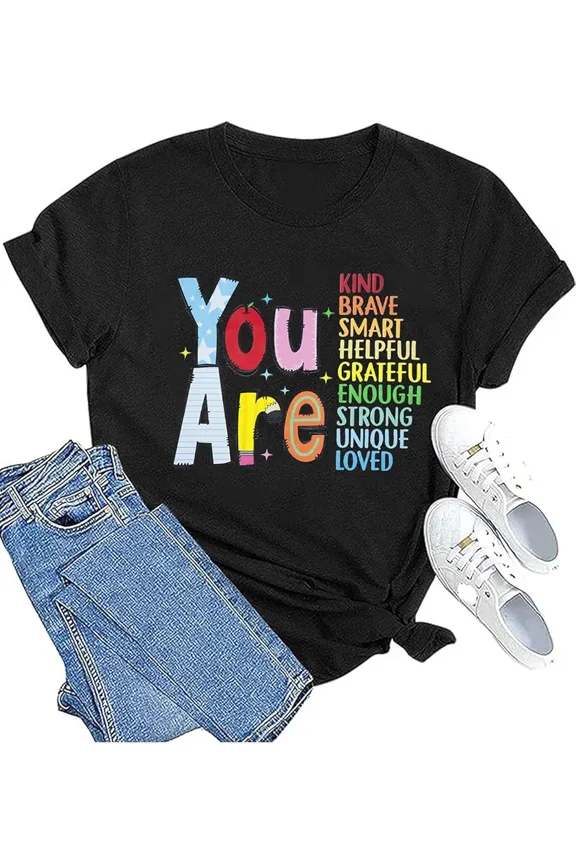 Women's Inspirational Graphic T-Shirt Positive Affirmations Short Sleeve Tee Teacher Back to School Apparel Black