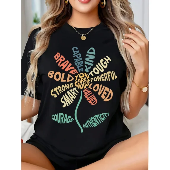 Women's Inspirational Graphic T-Shirt Positive Quotes Flower Typography Short Sleeve Casual Tee