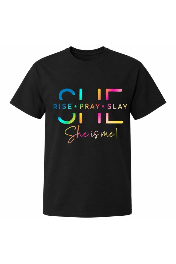 Women's Inspirational Graphic T-Shirt, Rise Pray Slay Short Sleeve Crew Neck Tee