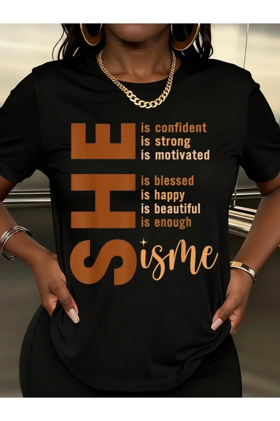 Women's Inspirational Graphic T-Shirt, SHE Is Me Positive Affirmations Short Sleeve Crewneck Tee, Black