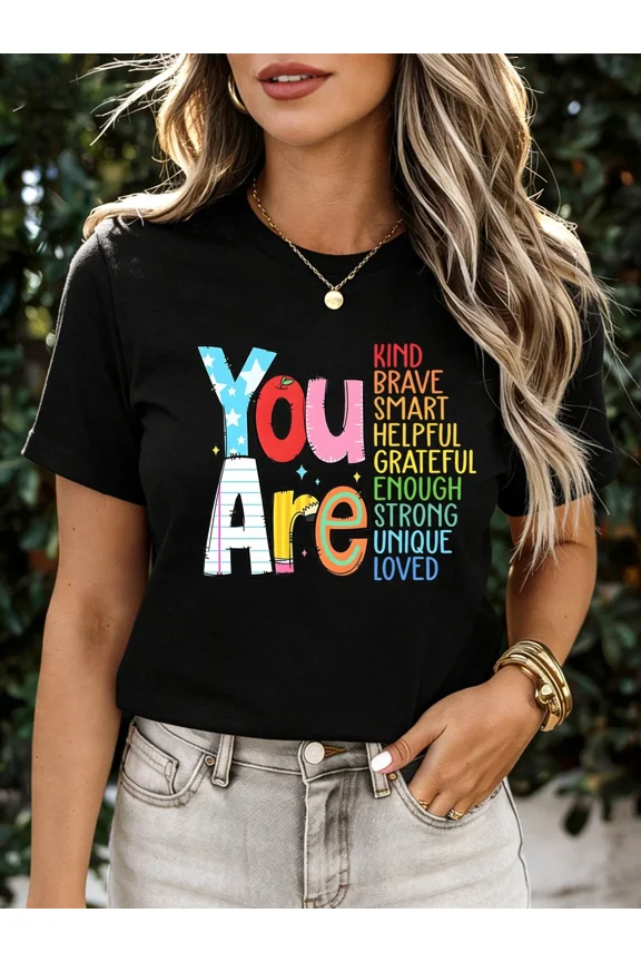 Women's Inspirational Graphic T-Shirt - You Are Kind Brave Smart Positive Affirmation Short Sleeve Tee - Black