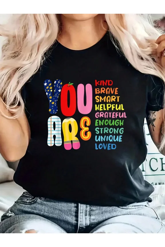 Women's Inspirational Graphic T-Shirt You Are Kind Brave Smart Positive Affirmation Short Sleeve Tee