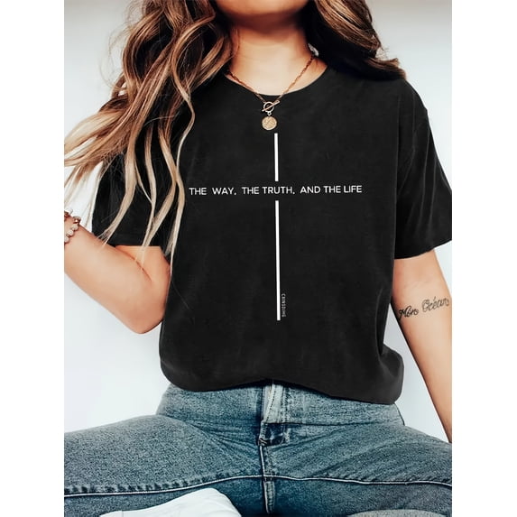 Women's Inspirational Jesus Christ T-Shirt - Casual Black Cotton Tee with "THE WAY THE TRUTH AND THE LIFE" Print, Round Neck, Short Sleeves - Perfect for Spring & Summer, Machine Washable