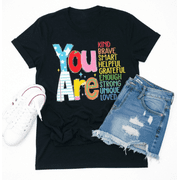 Women's Inspirational Positive Quote Graphic T Shirt, Colorful "You Are Enough Kind Brave Smart Loved" Motivational Letter Print Crew Neck Casual Teacher Tee Teacher Gift