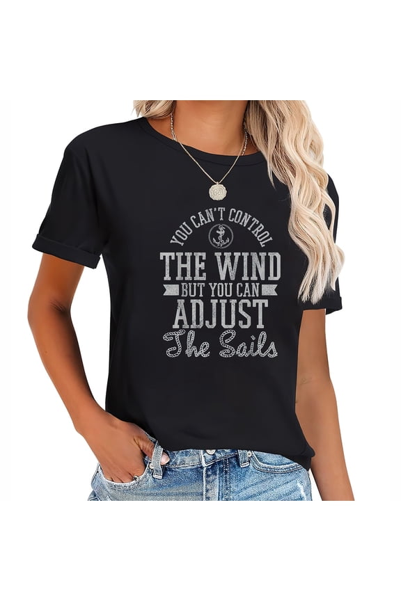 Women's Inspirational Quote T-Shirt Retro Nautical Sailing Graphic Tee Short Sleeve Casual Top Adjust The Sails Motivational Apparel