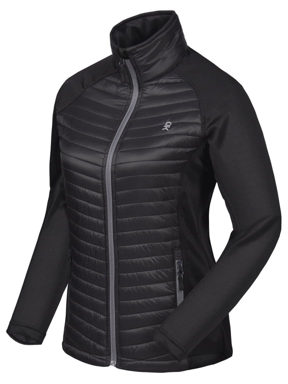 Women's Insulated Hiking Jacket, Thermal Running Hybrid Jacket, Lightweight Breathable and Warm, Black Size L