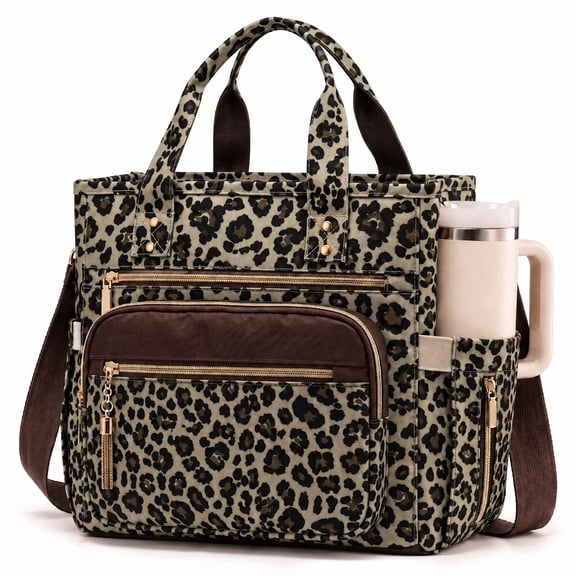 Women's Insulated Large Lunch Bag - Wide Opening, Leakproof, with Cup Holder - Tote for Work, Picnic, Gift (Leopard)