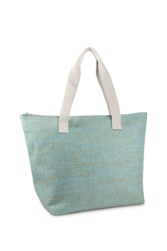 Women's Insulated Turquoise Straw Beach tote Bag with Double Flat Handles