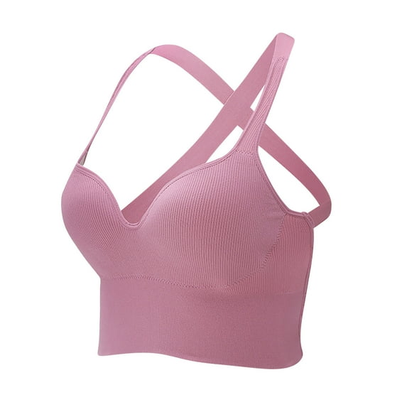 BLTIBY Sports Bras for Women,Solid Color Padded Bra Tank Crisscross Back Workout Comfy Breathable Yoga Bra Pink L