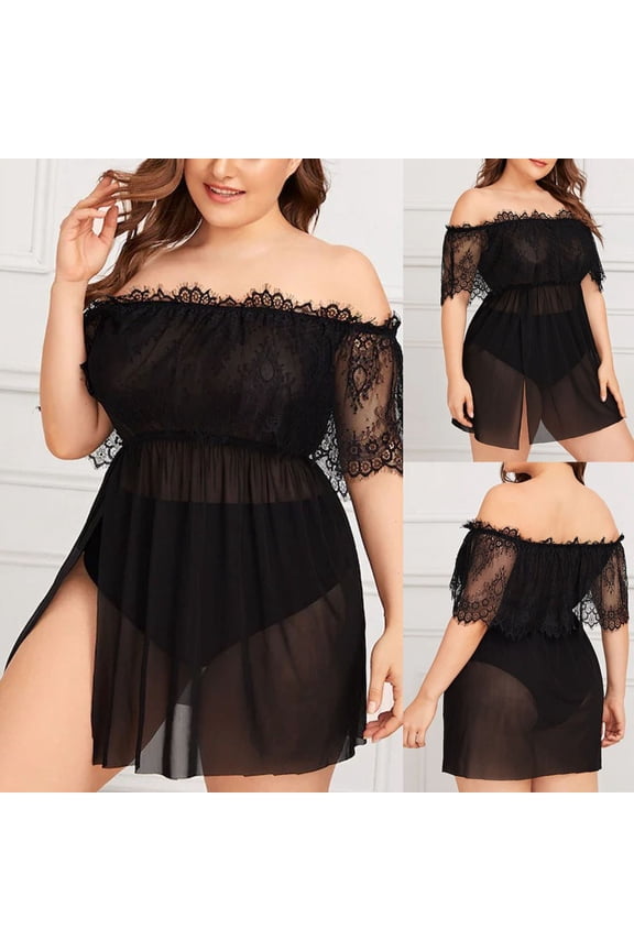 Women's Intimates Fashion Women Plus Size Lace Sheer Mesh Lingerie Off-Shoulder Nightdress 1Xl-4Xl,Black Women's Intimates 2XL