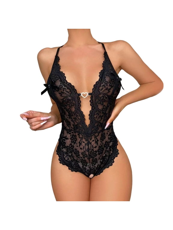 Women's Intimates New Erotic Lingerie Plus Size Erotic Lingerie New Lace See Through No Removal Crotchless Jumpsuit Hottie Pajamas,Black Women's Intimates XL