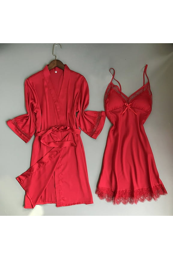 Women's Intimates Satin Silk Pajamas Cardigan Nightdress Bathrobe Ladies Robes Underwear Sleepwear,Red Women's Intimates L
