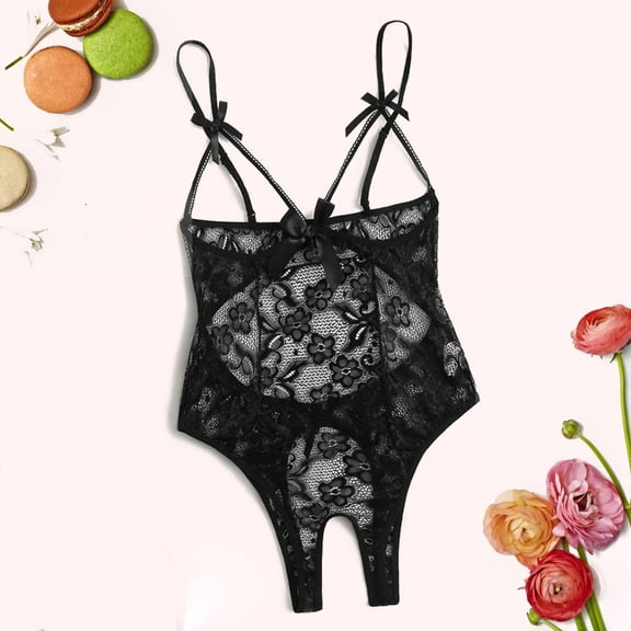Women's Intimates Women Bow Lace Hollow Open Crotch Teddy Bodysuit Backless Jumpsuit Lingerie,Black Women's Intimates 2XL