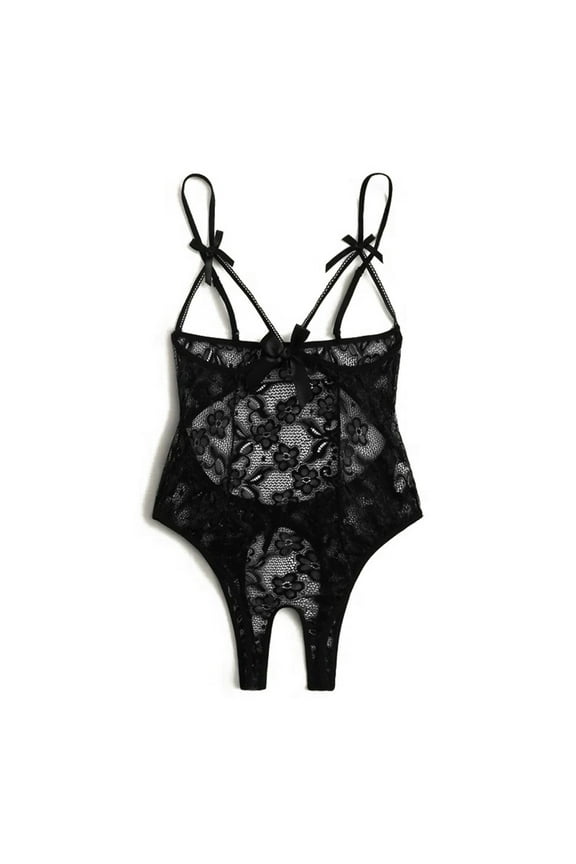 Women's Intimates Women Bow Lace Hollow Open Crotch Teddy Bodysuit Backless Jumpsuit Lingerie,Black Women's Intimates 3XL