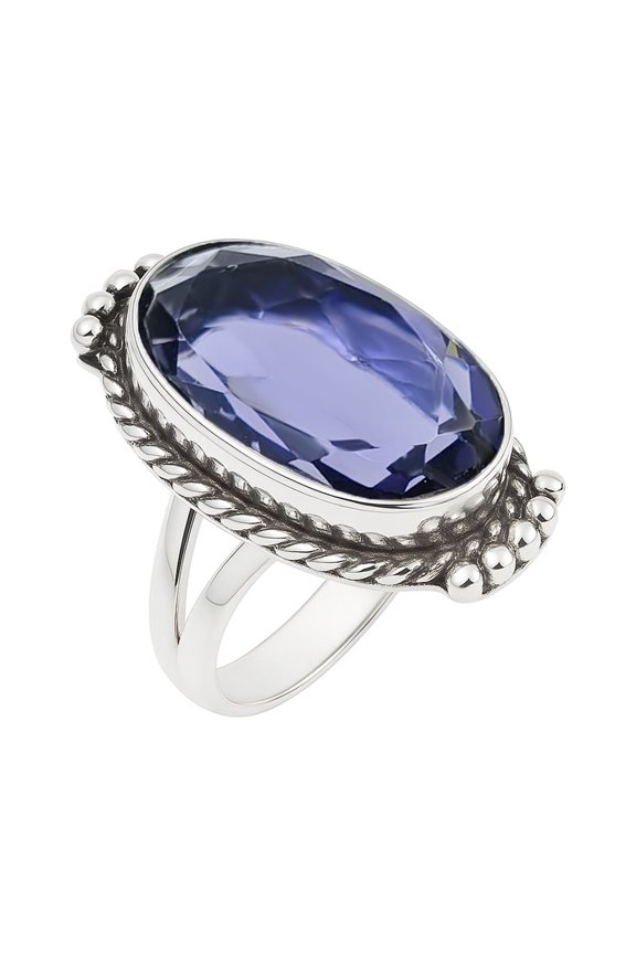 Women’s Iolite Ring – Oval Cut Gemstone Vintage Oxidized Silver Ring, Handmade Healing Crystal Ring Size US 8.5