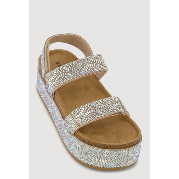 Women's Iridescent Rhinestone Double Strap Platform Sandals