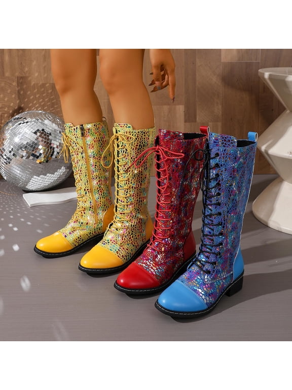 Women's Iridescent metallic Snake Print Mid Calf Boots Almond Toe Stacked Block Heel Long Combat Booties with Side Zipper