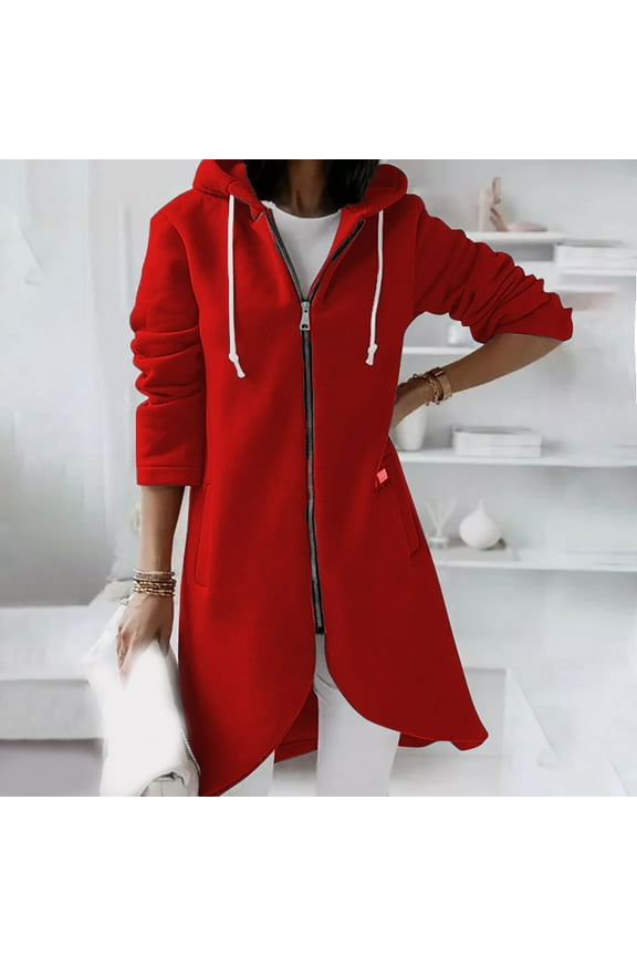 Women's Irregular Hem Hooded Jacket Solid Color Zip Up Long Sleeve Hooded Sweatshirt Lightweight Casual Outerwear With Pockets Ideal For Fall Winter Daily Outdoor Outings Red XXL