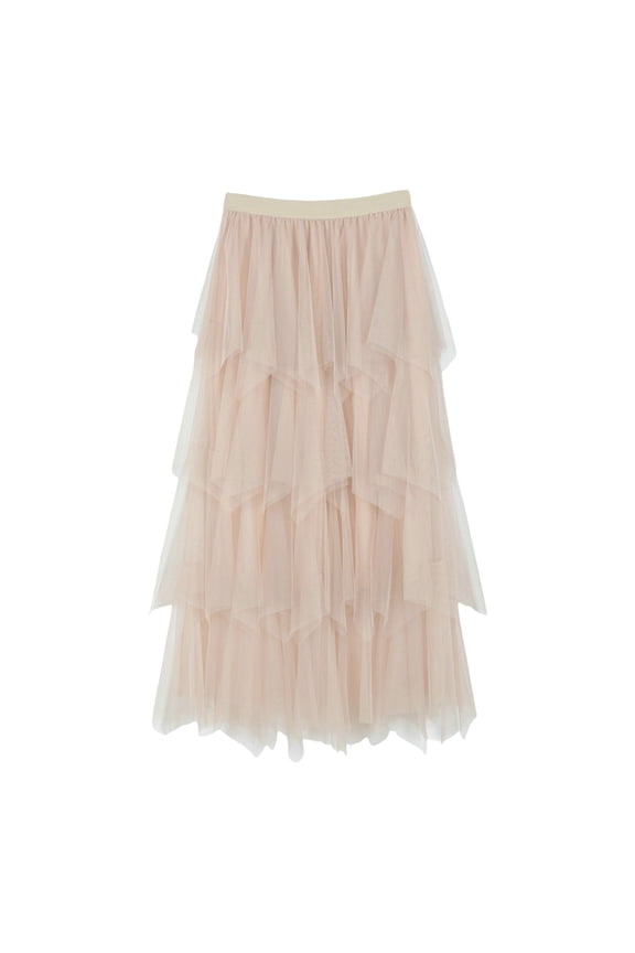 Women's Irregular Mesh Half Length Skirt - Multilayer Ruffled Design, Front Zipper Slit - Spring/Summer Office/Casual Skirt with Back Slit