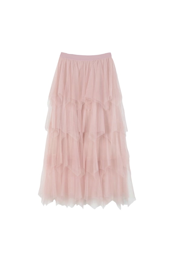 Women's Irregular Mesh Half Length Skirt - Multilayer Ruffled Design, Front Zipper Slit - Spring/Summer Office/Casual Skirt with Back Slit