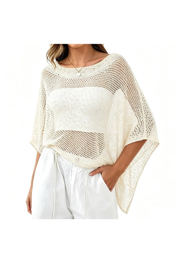 Women's Irregular Mesh See Through Poncho Cover Up, Loose Relaxed Fit Lightweight Beach Kimono, Sun Protection Shrug for Swimsuit, Breathable Flowy Beige