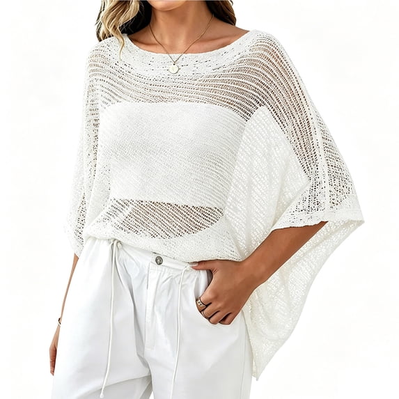 Women's Irregular Mesh See Through Poncho Cover Up, Loose Relaxed Fit Lightweight Beach Kimono, Sun Protection Shrug for Swimsuit, Breathable Flowy White