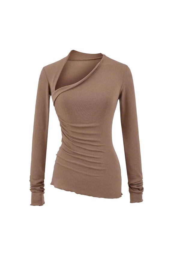 Women's Irregular V-neck Base Layer 2025 Trendy Asymmetrical Neckline Design Long Sleeve Pullover Soft Breathable Fabric Figure-Flattering Slim Fit Daily Wear Top